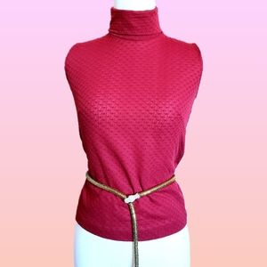 Textured knit red turtleneck sleeveless mock top